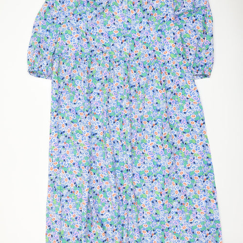 Marks and Spencer Womens Blue Floral Cotton A-Line Size 12 Round Neck Tie