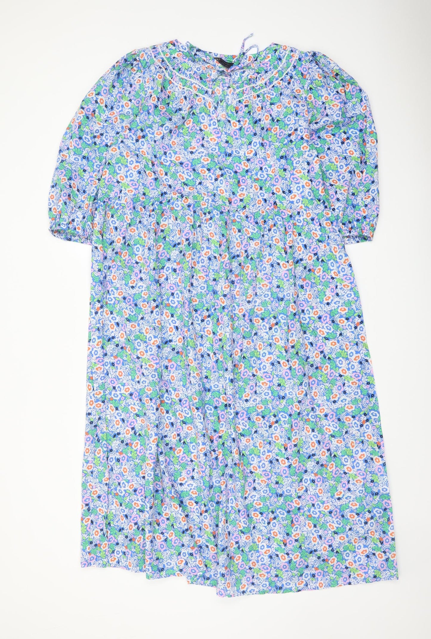 Marks and Spencer Womens Blue Floral Cotton A-Line Size 12 Round Neck Tie