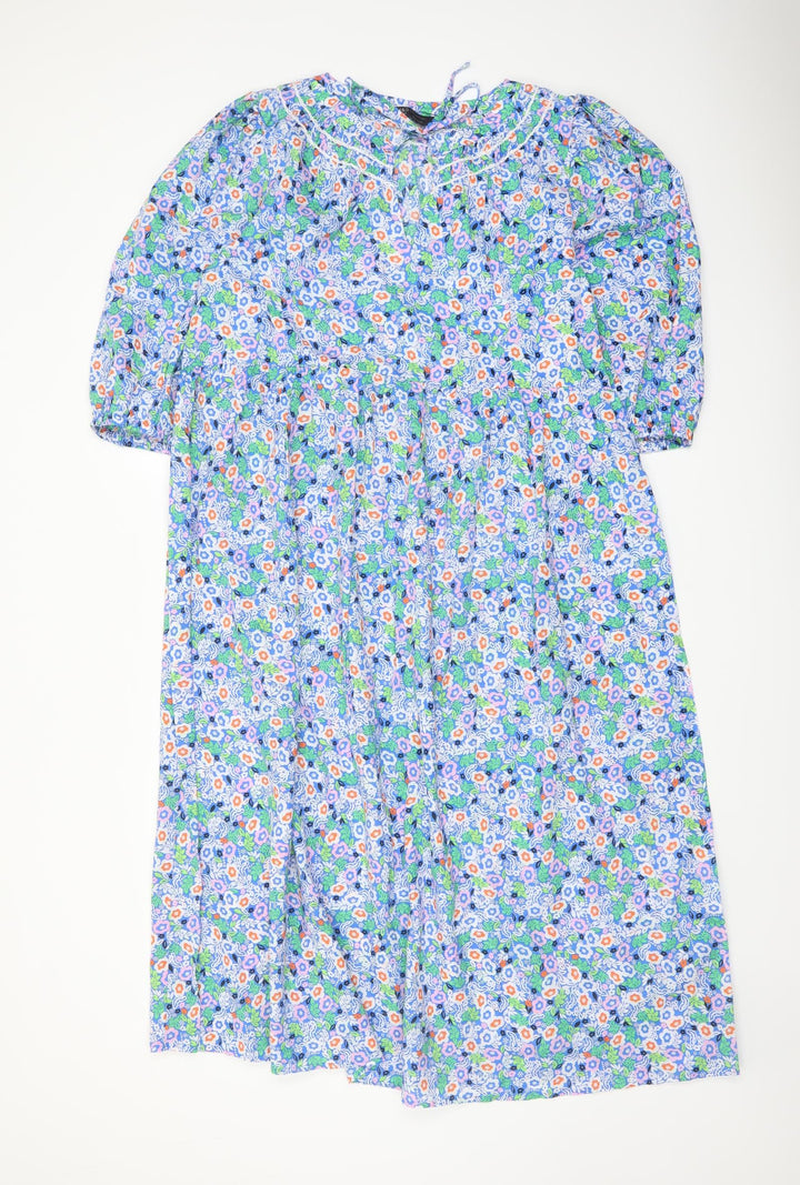 Marks and Spencer Womens Blue Floral Cotton A-Line Size 12 Round Neck Tie