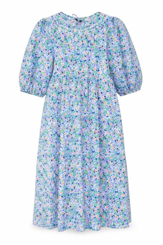 Front view of Marks & Spencer women’s blue floral cotton a-line, size UK 12, round neck tie
