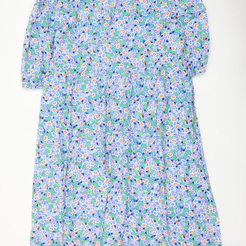 Marks and Spencer Womens Blue Floral Cotton A-Line Size 12 Round Neck Tie