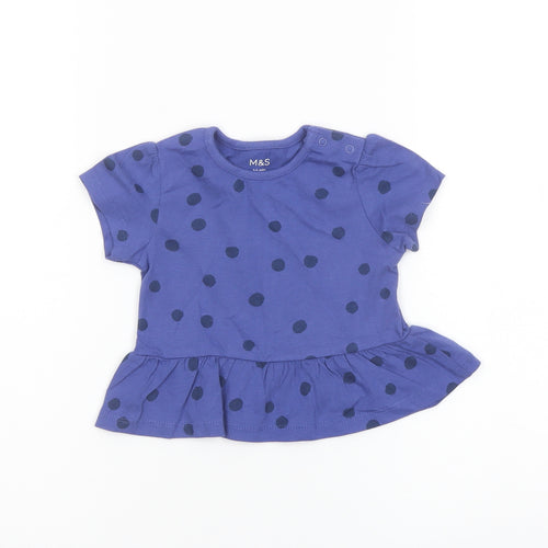 Marks and Spencer Girls Blue Polka Dot Cotton Basic T-Shirt Size 6-9 Months Crew Neck Snap