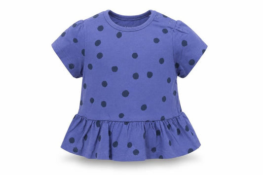 Front view of Marks & Spencer girls’ blue polka dot cotton basic t-shirt, size 6-9, months crew neck snap