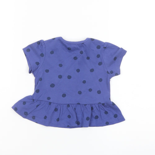 Marks and Spencer Girls Blue Polka Dot Cotton Basic T-Shirt Size 6-9 Months Crew Neck Snap