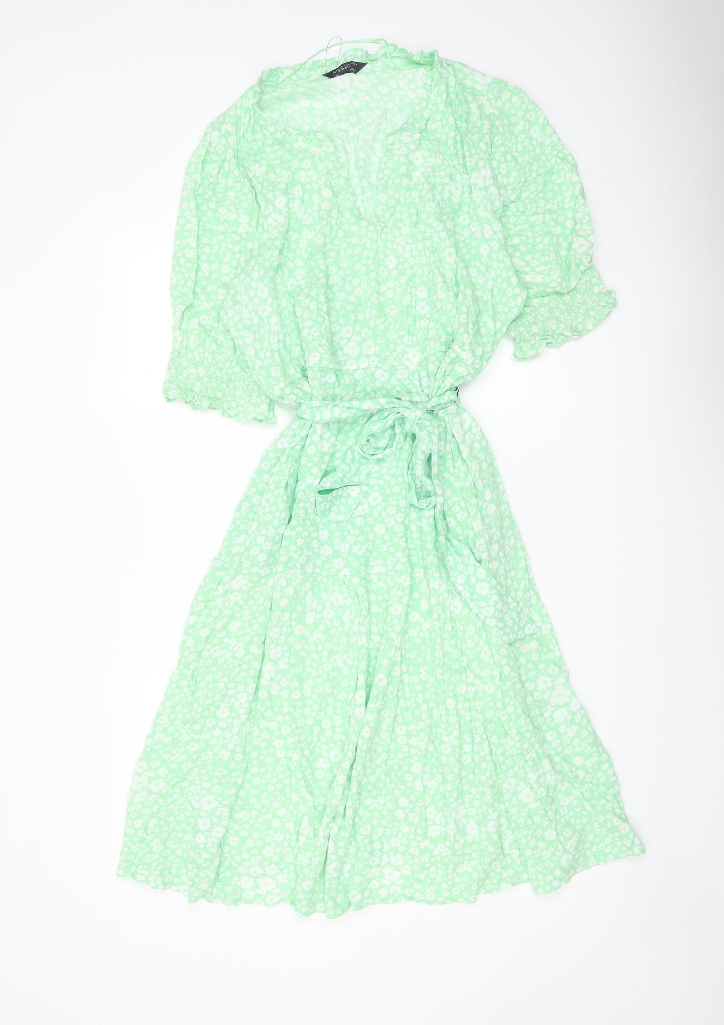 Marks and Spencer Womens Green Floral Viscose A-Line Size 20 V-Neck Pullover