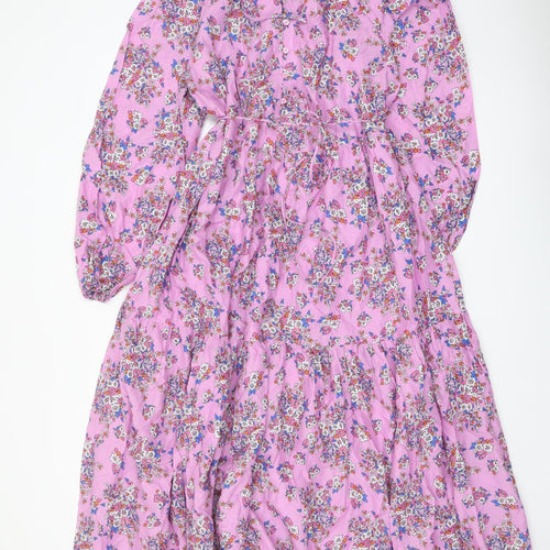 Marks and Spencer Womens Purple Floral Cotton Maxi Size 14 Round Neck Tie