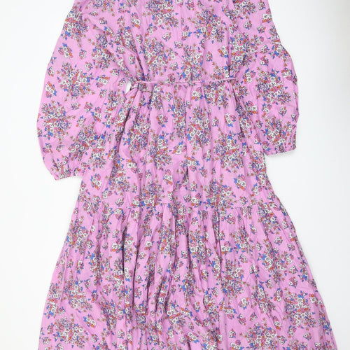 Marks and Spencer Womens Purple Floral Cotton Maxi Size 14 Round Neck Tie