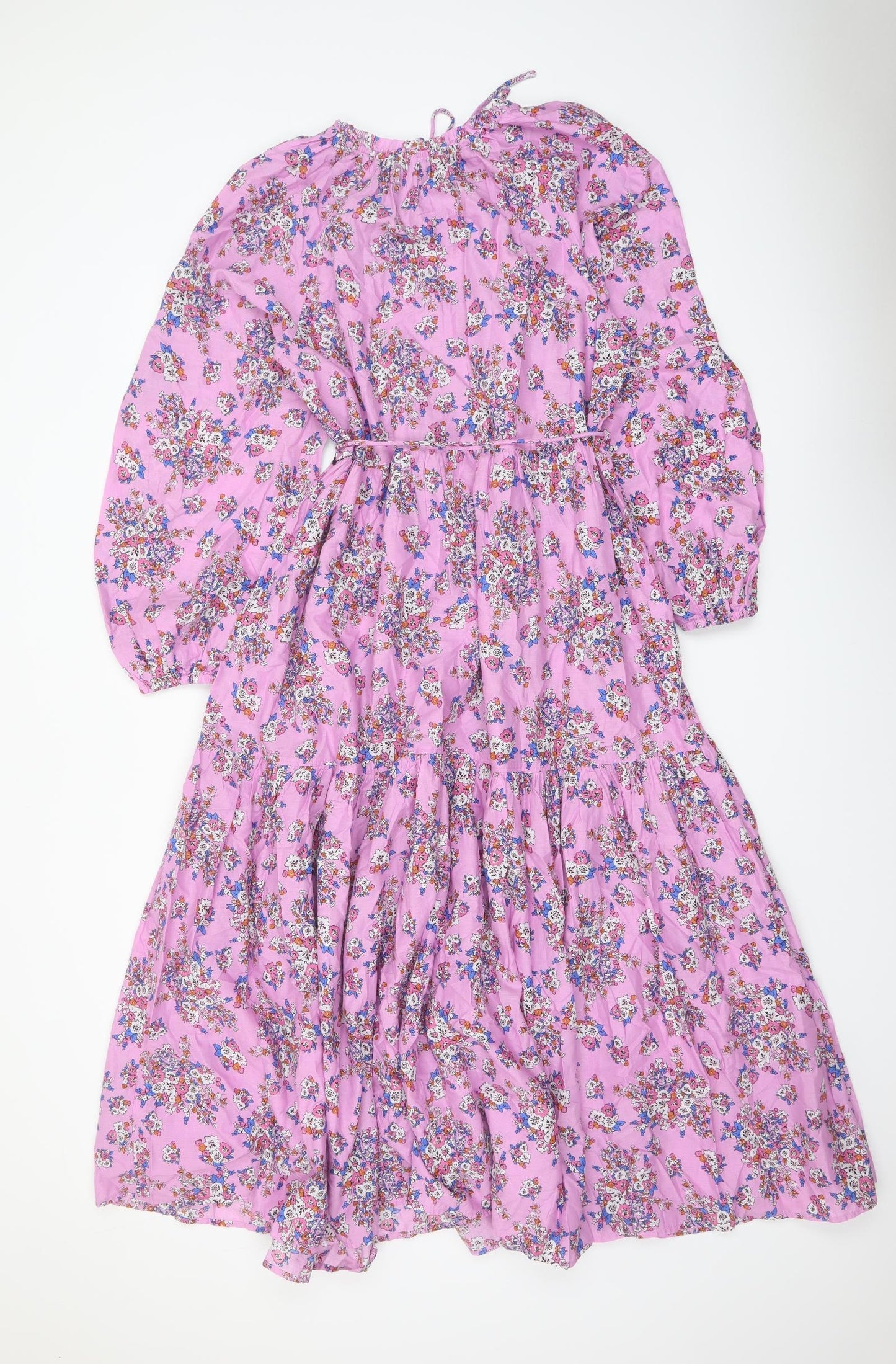 Marks and Spencer Womens Purple Floral Cotton Maxi Size 14 Round Neck Tie