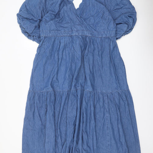 Marks and Spencer Womens Blue Cotton A-Line Size 20 V-Neck Button