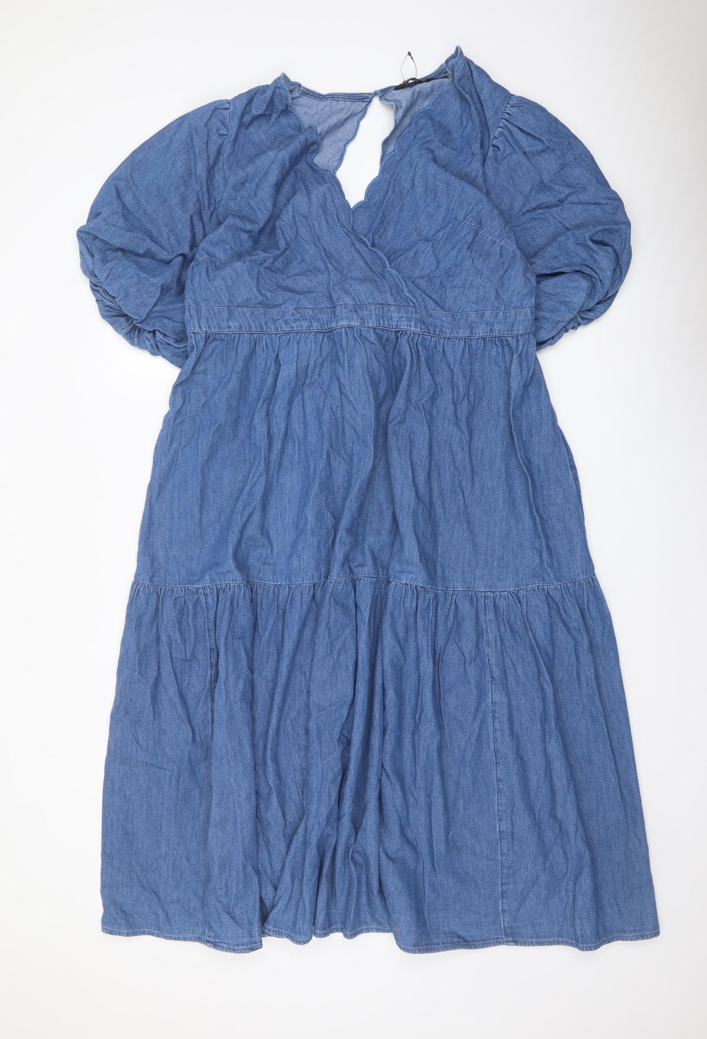 Marks and Spencer Womens Blue Cotton A-Line Size 20 V-Neck Button