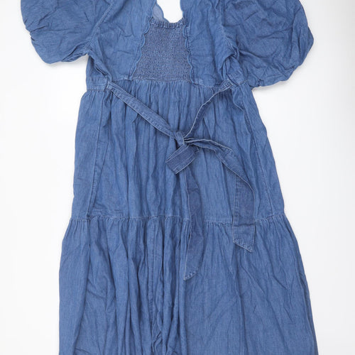 Marks and Spencer Womens Blue Cotton A-Line Size 20 V-Neck Button