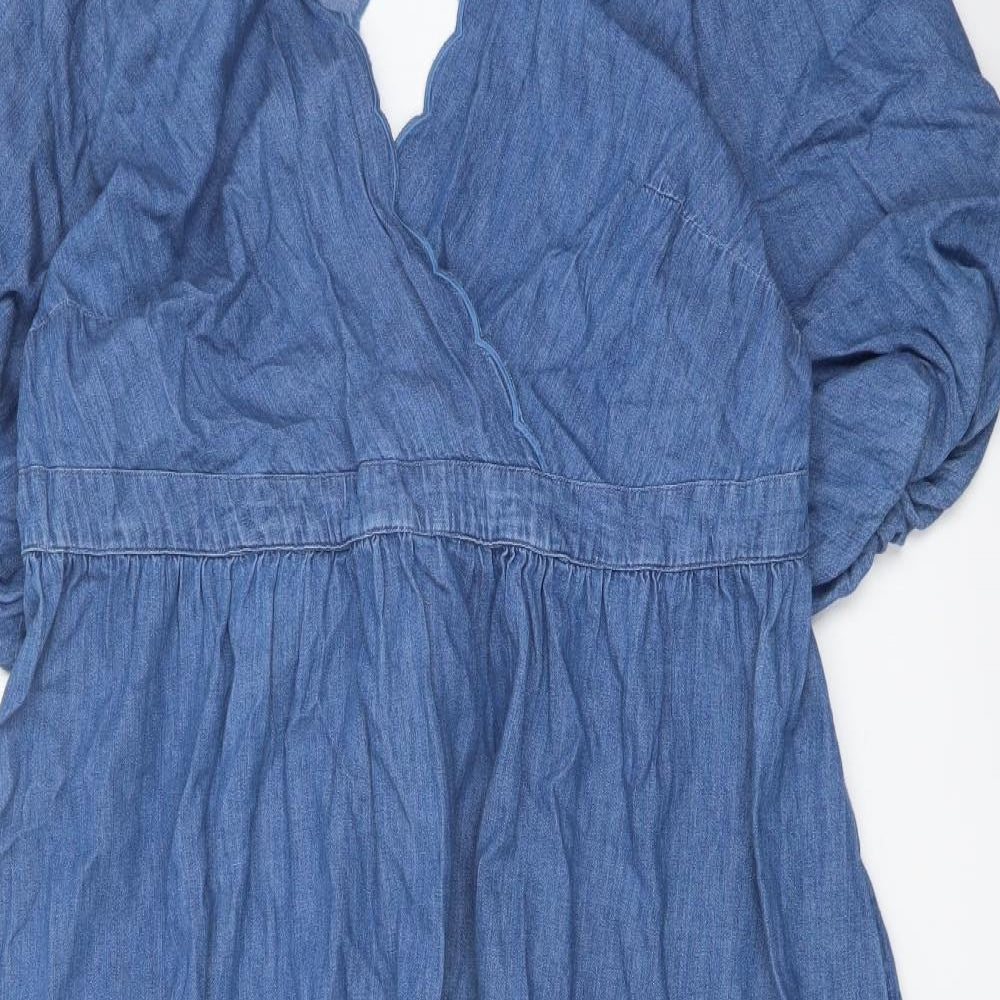 Marks and Spencer Womens Blue Cotton A-Line Size 20 V-Neck Button