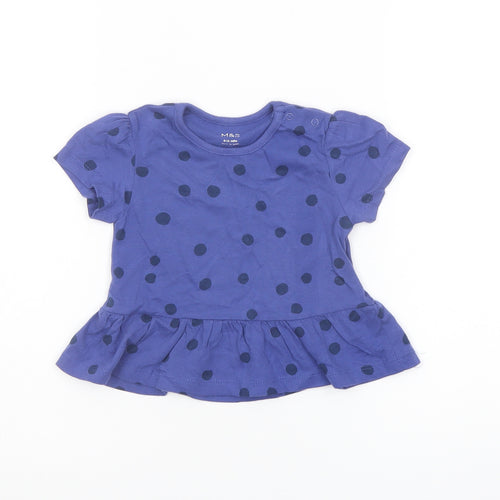 Marks and Spencer Girls Blue Polka Dot Cotton Basic T-Shirt Size 9-12 Months Crew Neck Snap
