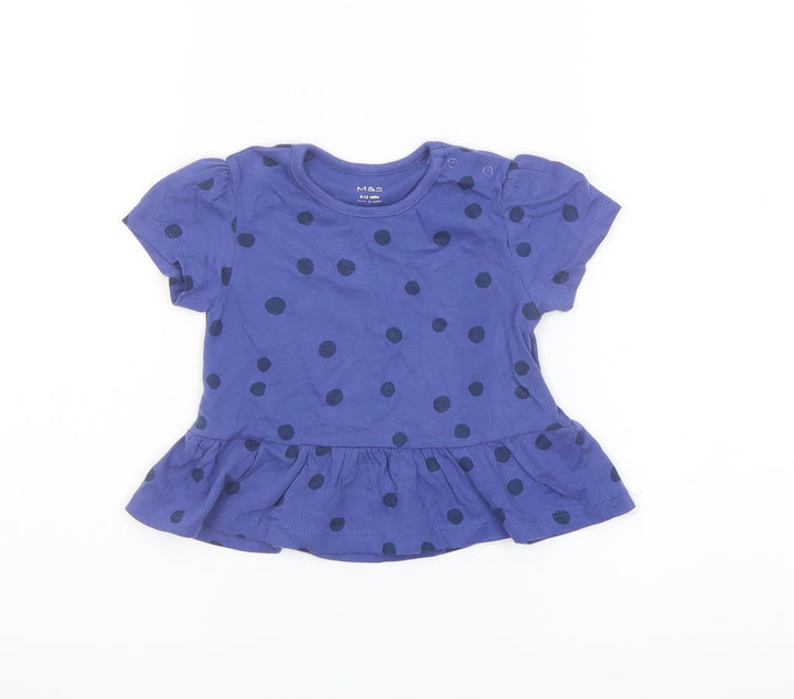 Marks and Spencer Girls Blue Polka Dot Cotton Basic T-Shirt Size 9-12 Months Crew Neck Snap