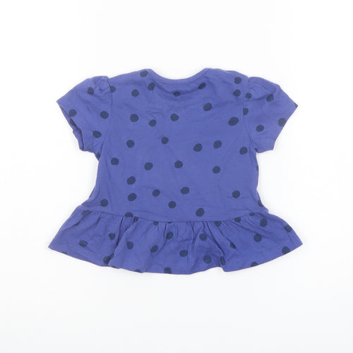 Marks and Spencer Girls Blue Polka Dot Cotton Basic T-Shirt Size 9-12 Months Crew Neck Snap