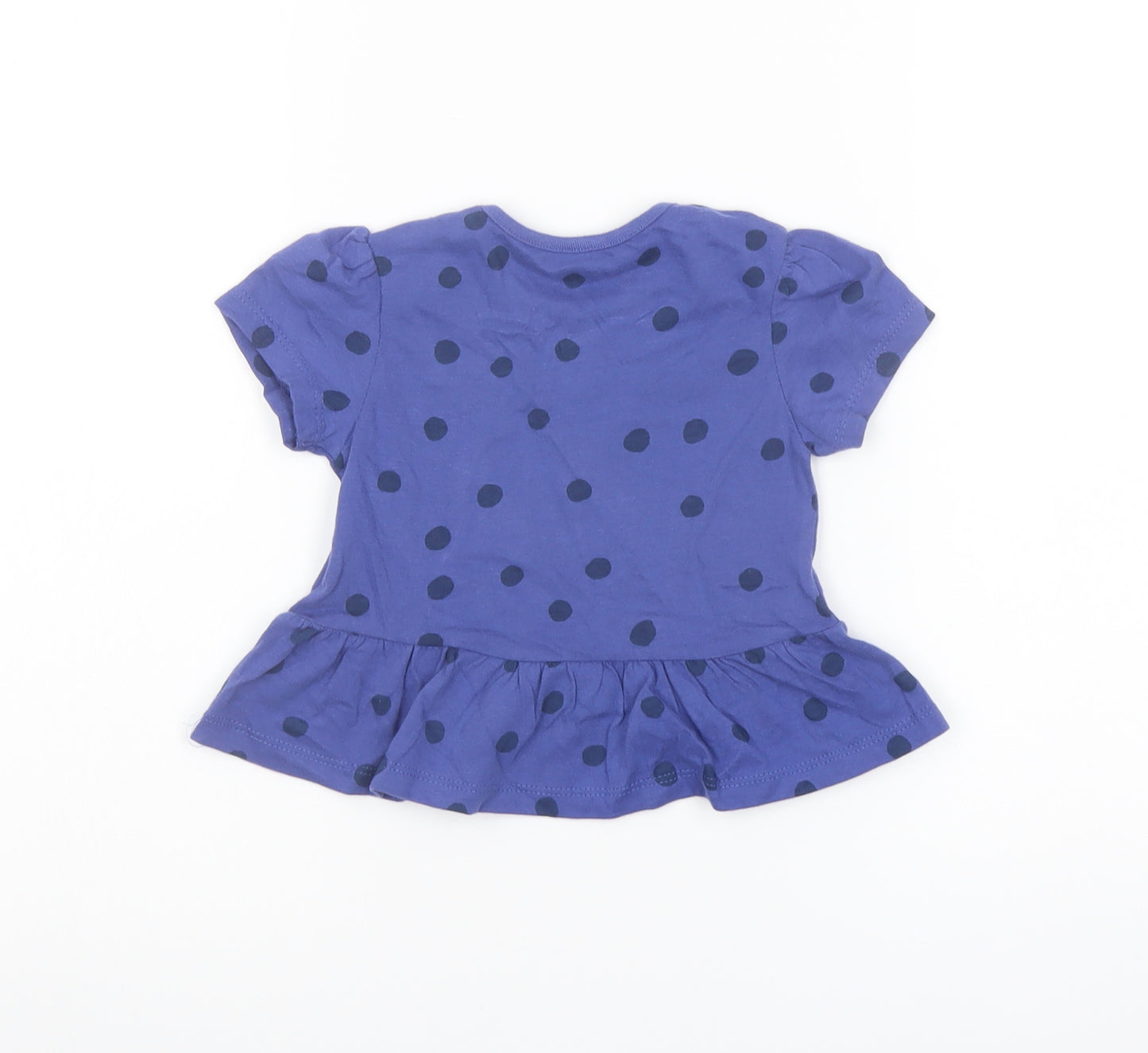 Marks and Spencer Girls Blue Polka Dot Cotton Basic T-Shirt Size 9-12 Months Crew Neck Snap