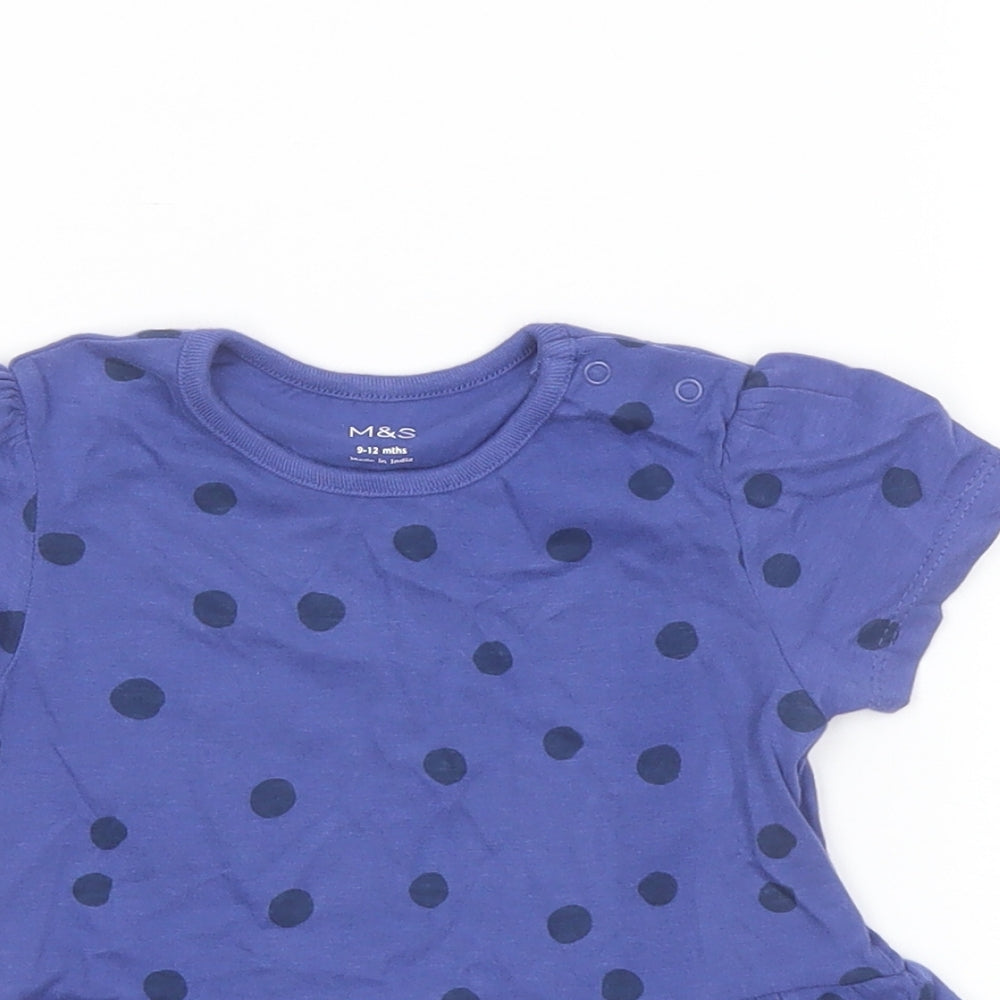 Marks and Spencer Girls Blue Polka Dot Cotton Basic T-Shirt Size 9-12 Months Crew Neck Snap