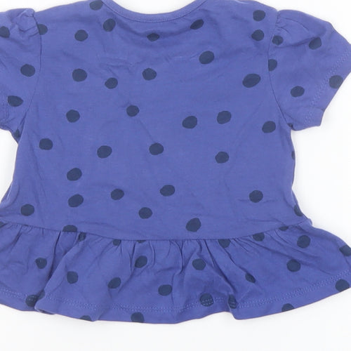 Marks and Spencer Girls Blue Polka Dot Cotton Basic T-Shirt Size 9-12 Months Crew Neck Snap