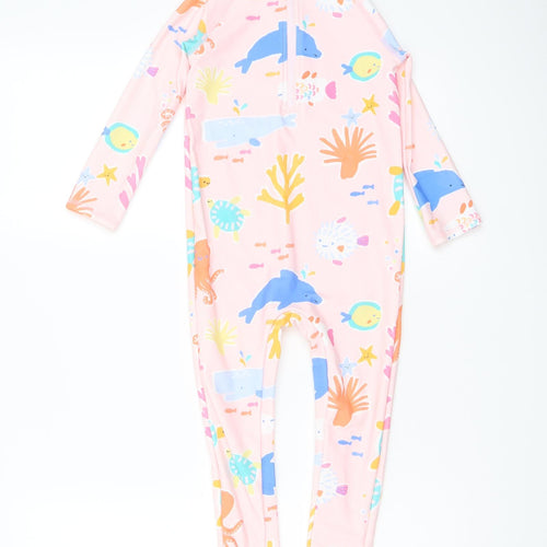 Marks and Spencer Girls Pink Geometric Polyamide Jumpsuit One-Piece Size 2-3 Years Zip - Swim Jumpsuit