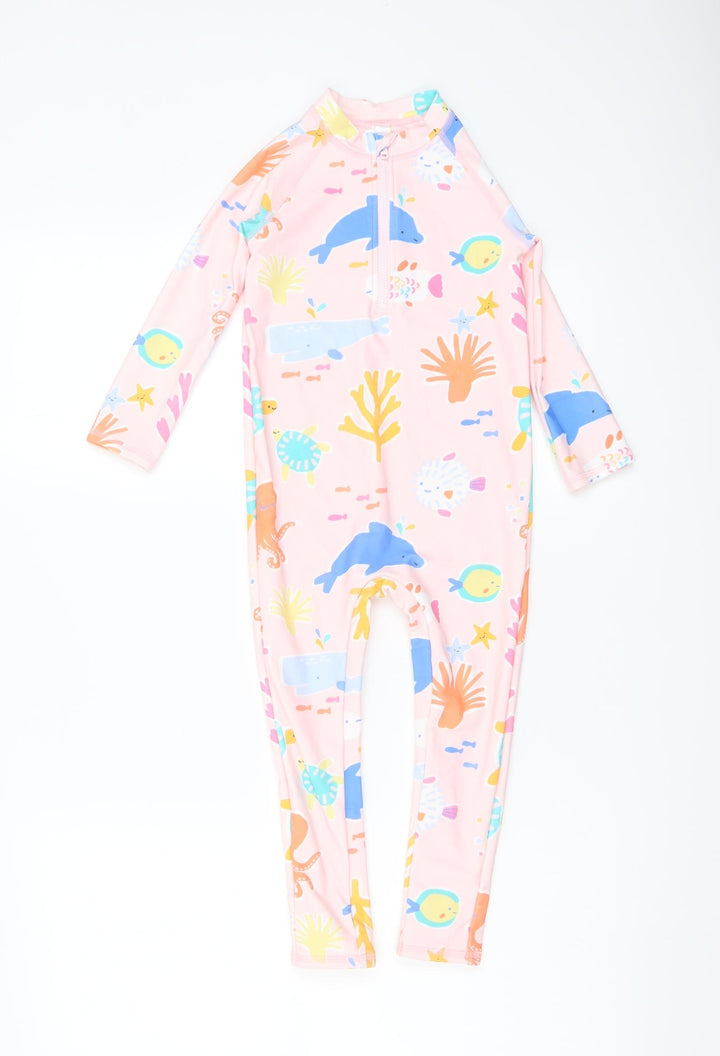 Marks and Spencer Girls Pink Geometric Polyamide Jumpsuit One-Piece Size 2-3 Years Zip - Swim Jumpsuit