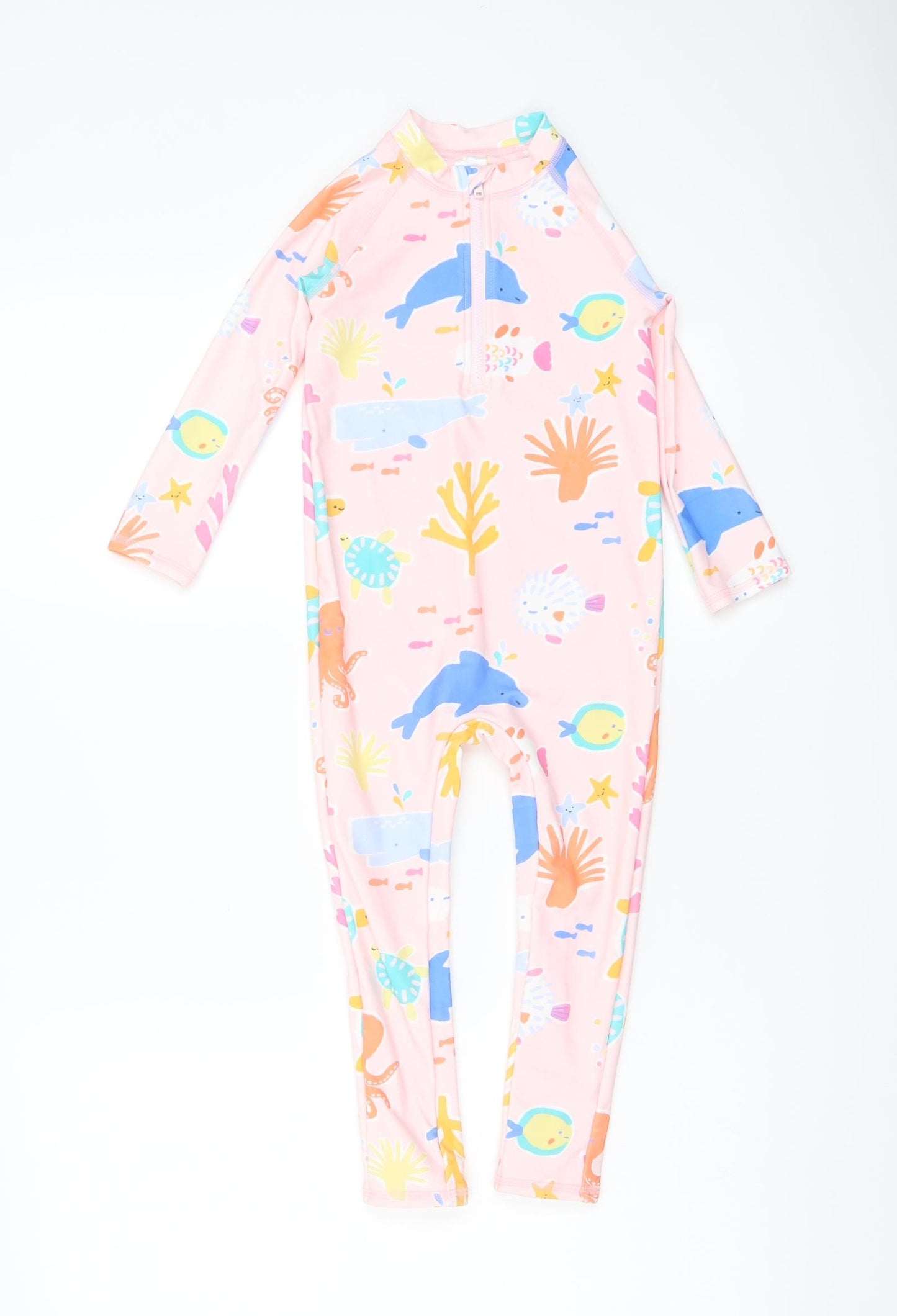 Marks and Spencer Girls Pink Geometric Polyamide Jumpsuit One-Piece Size 2-3 Years Zip - Swim Jumpsuit