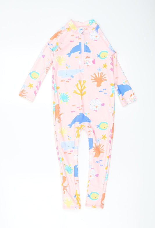 Marks and Spencer Girls Pink Geometric Polyamide Jumpsuit One-Piece Size 2-3 Years Zip - Swim Jumpsuit