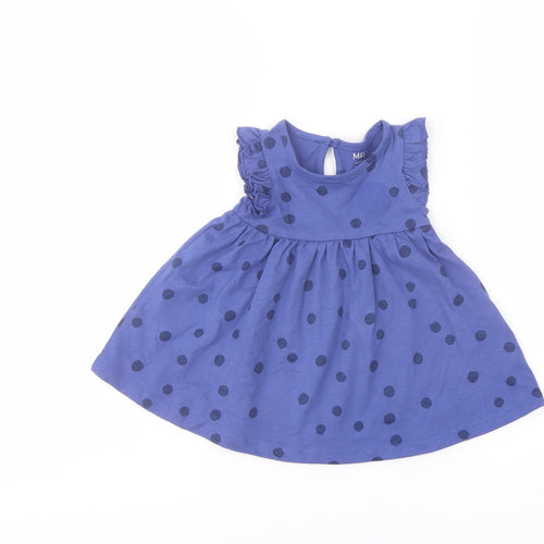 Marks and Spencer Girls Blue Polka Dot Cotton A-Line Size 0-3 Months Crew Neck Button