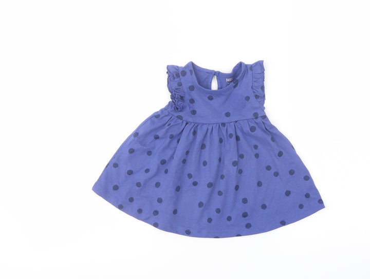 Marks and Spencer Girls Blue Polka Dot Cotton A-Line Size 0-3 Months Crew Neck Button