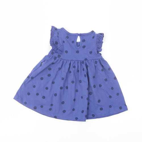 Marks and Spencer Girls Blue Polka Dot Cotton A-Line Size 0-3 Months Crew Neck Button