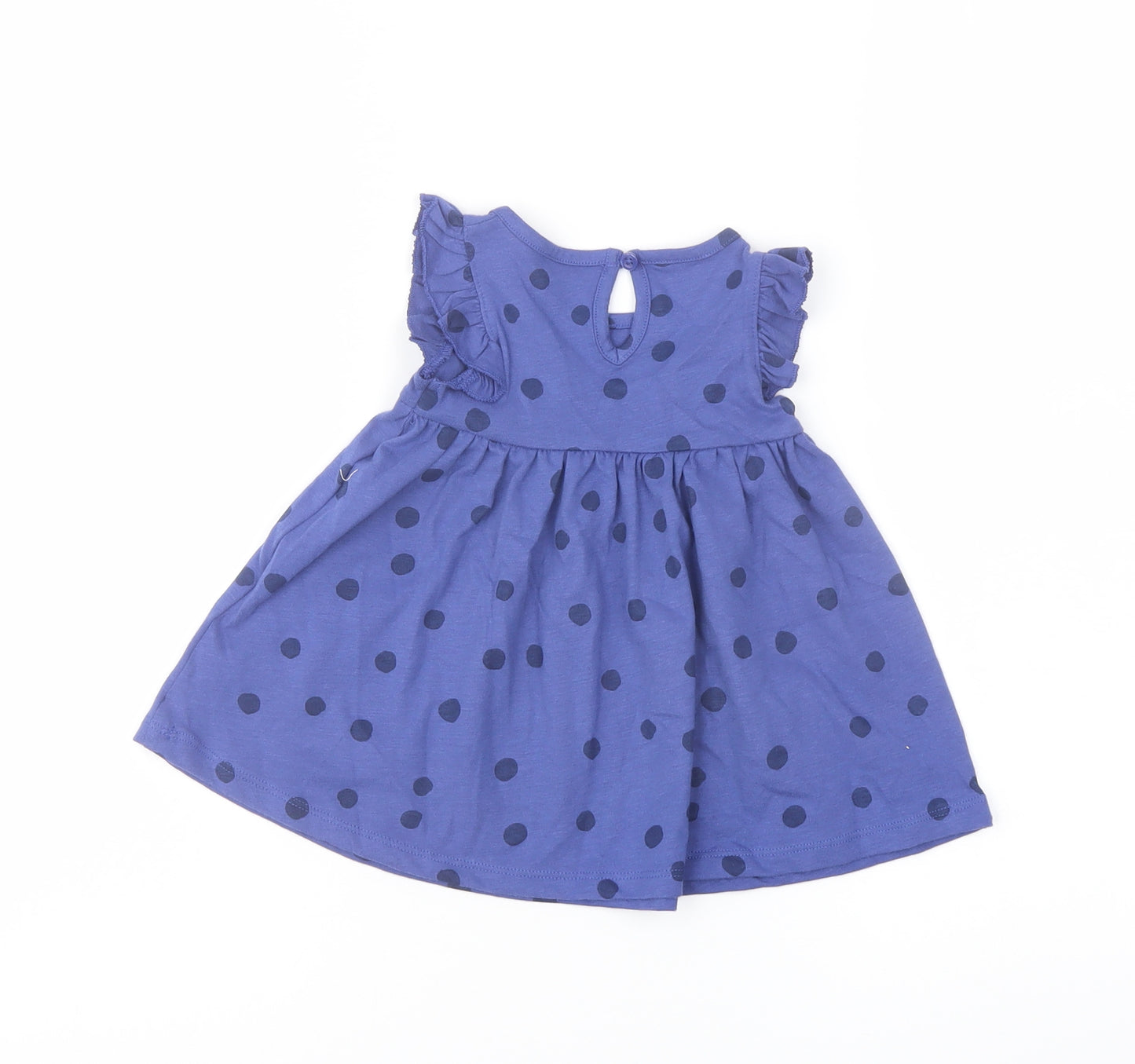 Marks and Spencer Girls Blue Polka Dot Cotton A-Line Size 0-3 Months Crew Neck Button