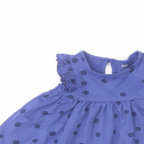 Marks and Spencer Girls Blue Polka Dot Cotton A-Line Size 0-3 Months Crew Neck Button
