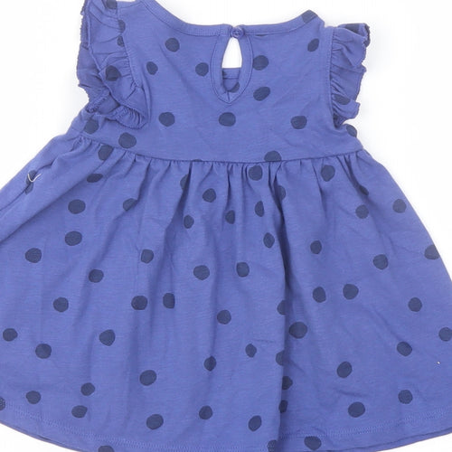 Marks and Spencer Girls Blue Polka Dot Cotton A-Line Size 0-3 Months Crew Neck Button