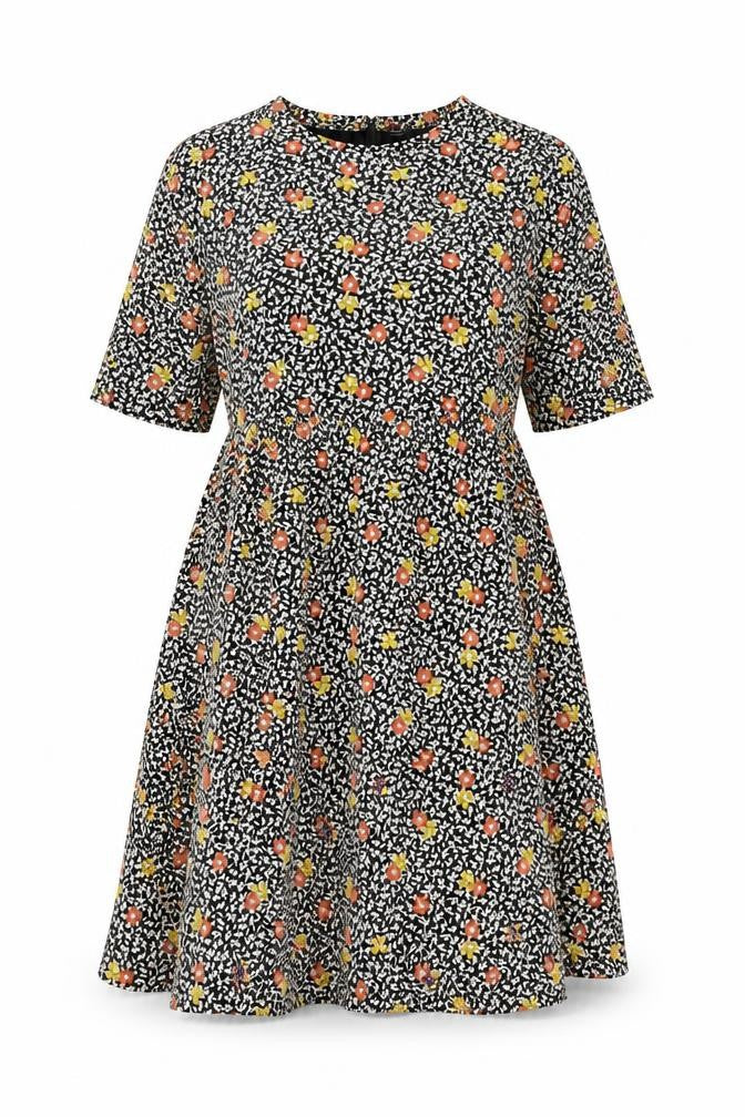 Front view of Marks & Spencer women’s multicoloured floral viscose a-line, size UK 8, crew neck pullover
