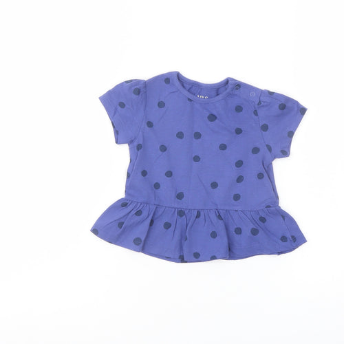 Marks and Spencer Girls Blue Polka Dot Cotton Basic T-Shirt Size 6-9 Months Crew Neck Snap