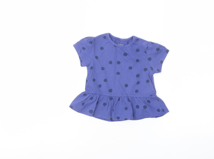 Marks and Spencer Girls Blue Polka Dot Cotton Basic T-Shirt Size 6-9 Months Crew Neck Snap