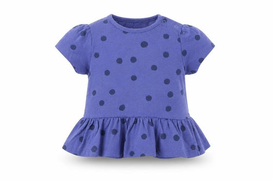 Front view of Marks & Spencer girls’ blue polka dot cotton basic t-shirt, size 6-9, months crew neck snap