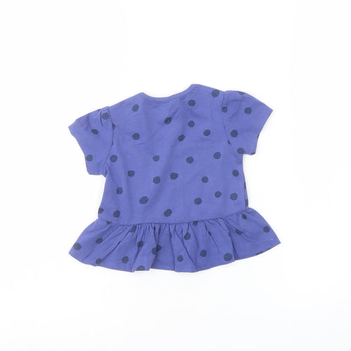 Marks and Spencer Girls Blue Polka Dot Cotton Basic T-Shirt Size 6-9 Months Crew Neck Snap