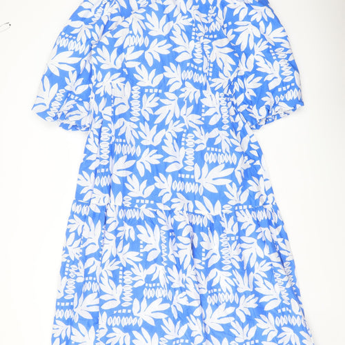 Marks and Spencer Womens Blue Geometric Cotton A-Line Size 12 Round Neck Tie