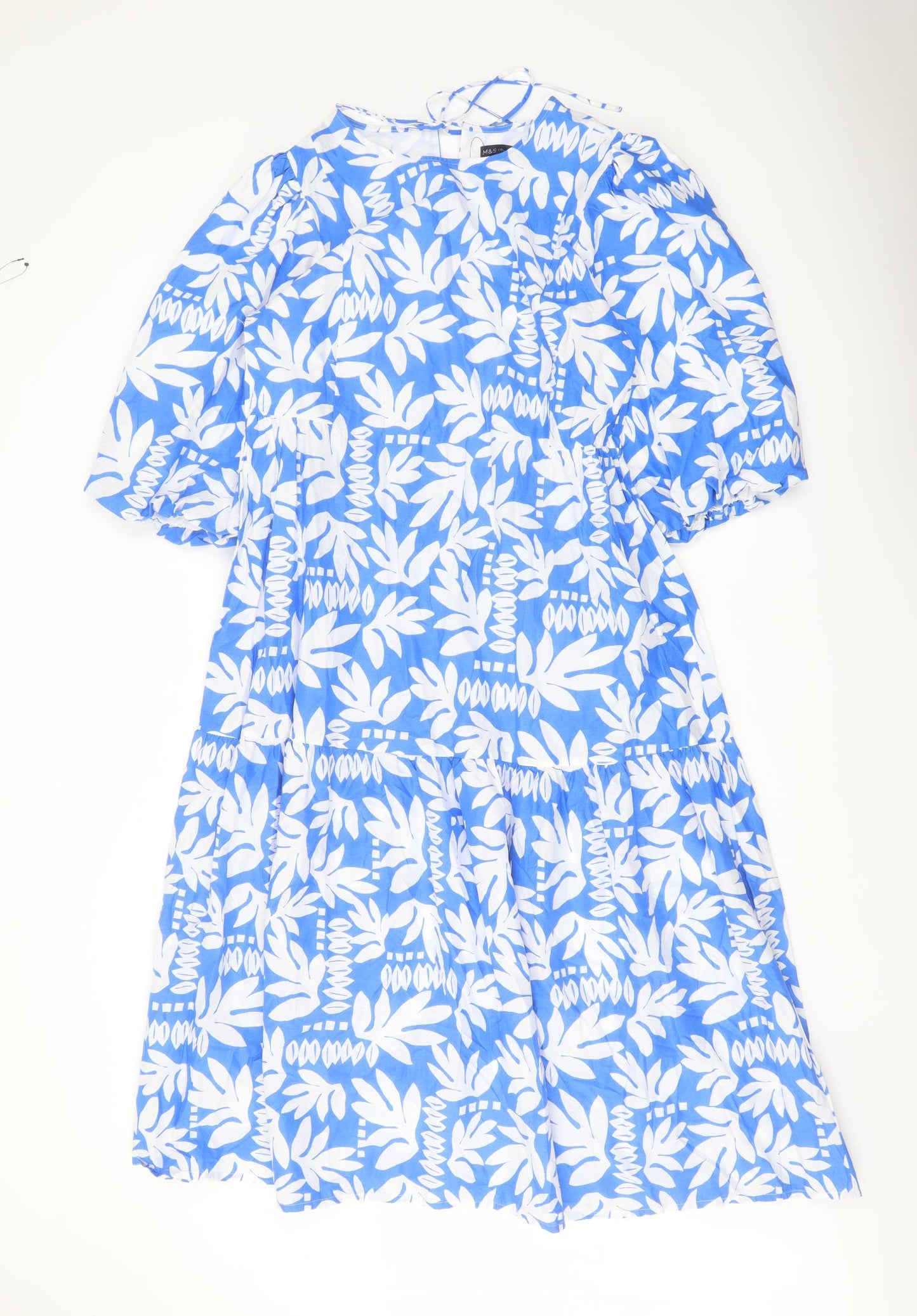 Marks and Spencer Womens Blue Geometric Cotton A-Line Size 12 Round Neck Tie