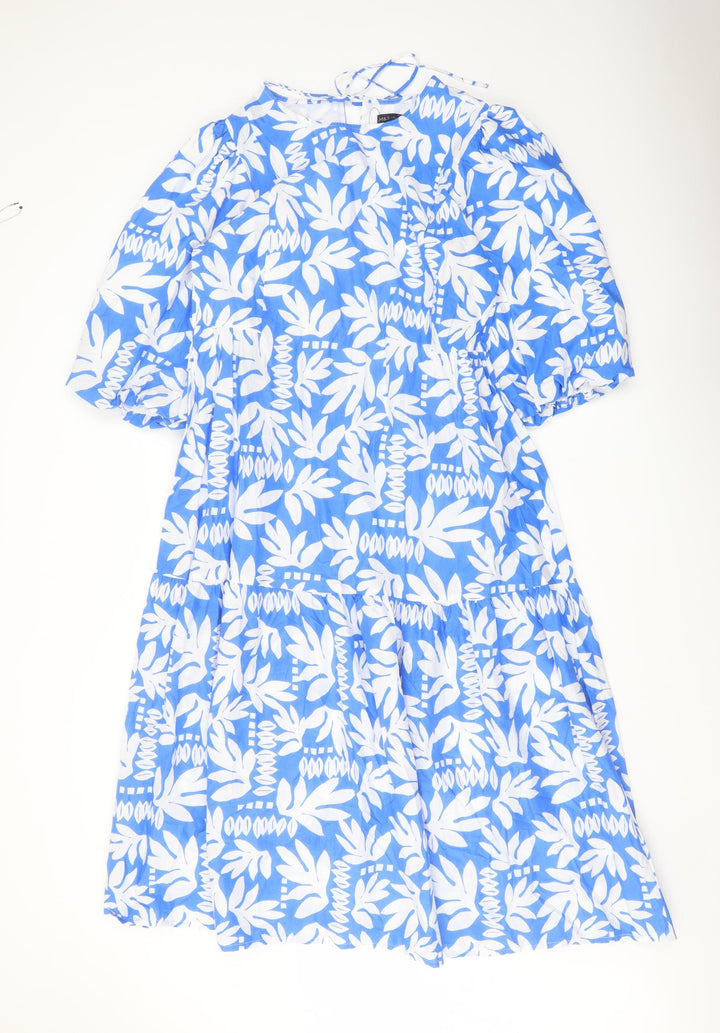 Marks and Spencer Womens Blue Geometric Cotton A-Line Size 12 Round Neck Tie