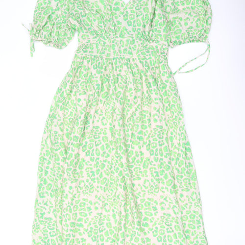 Marks and Spencer Womens Green Animal Print Viscose A-Line Size 8 V-Neck Pullover