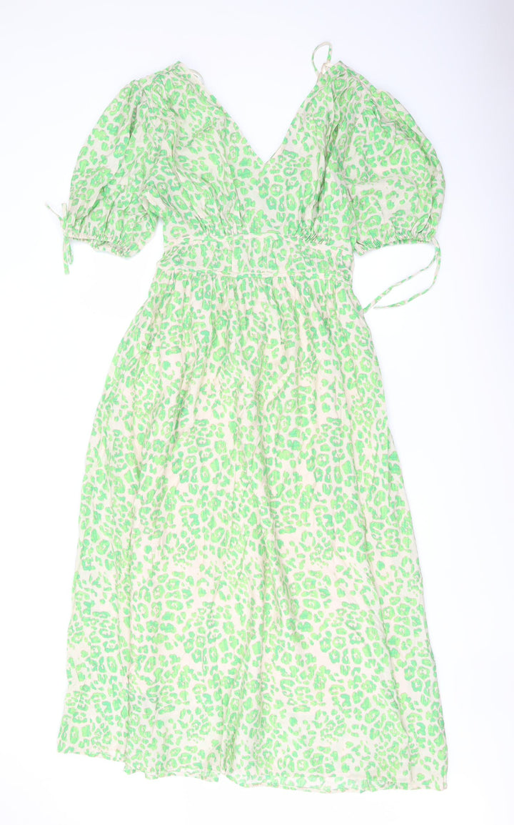 Marks and Spencer Womens Green Animal Print Viscose A-Line Size 8 V-Neck Pullover