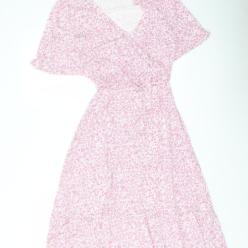 Marks and Spencer Womens Pink Floral Viscose A-Line Size 10 V-Neck Pullover