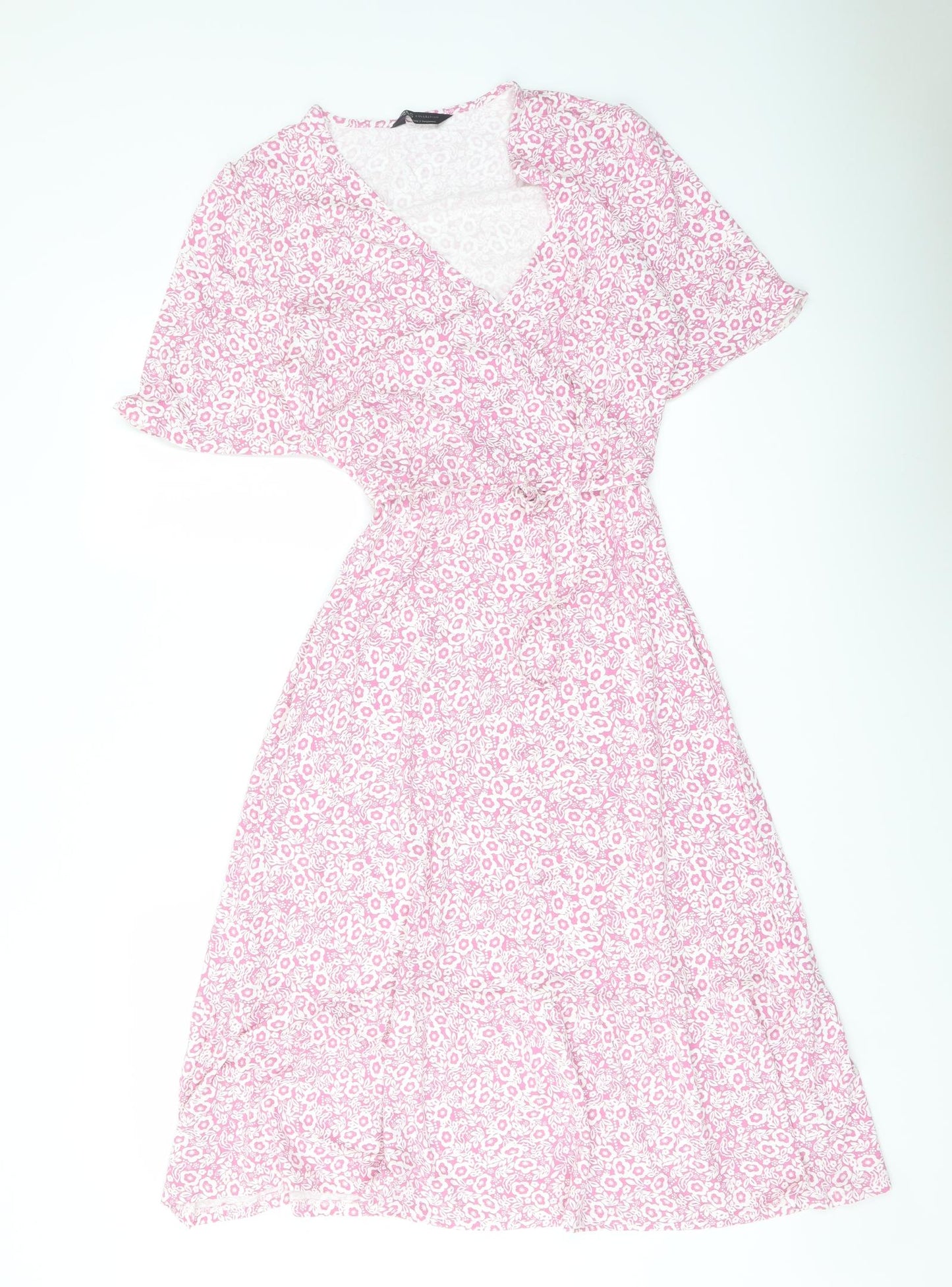 Marks and Spencer Womens Pink Floral Viscose A-Line Size 10 V-Neck Pullover