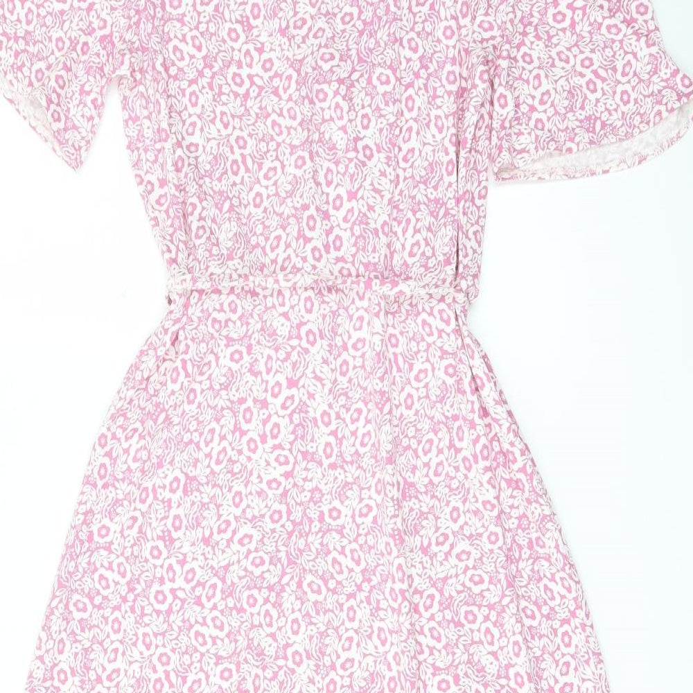 Marks and Spencer Womens Pink Floral Viscose A-Line Size 10 V-Neck Pullover