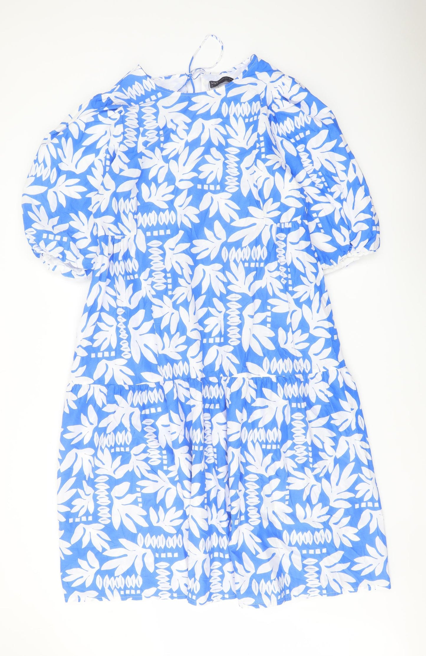 Marks and Spencer Womens Blue Geometric Cotton A-Line Size 16 Round Neck Tie