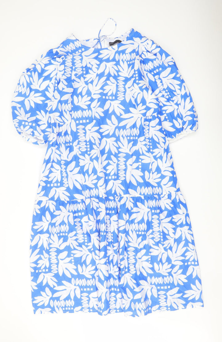 Marks and Spencer Womens Blue Geometric Cotton A-Line Size 16 Round Neck Tie