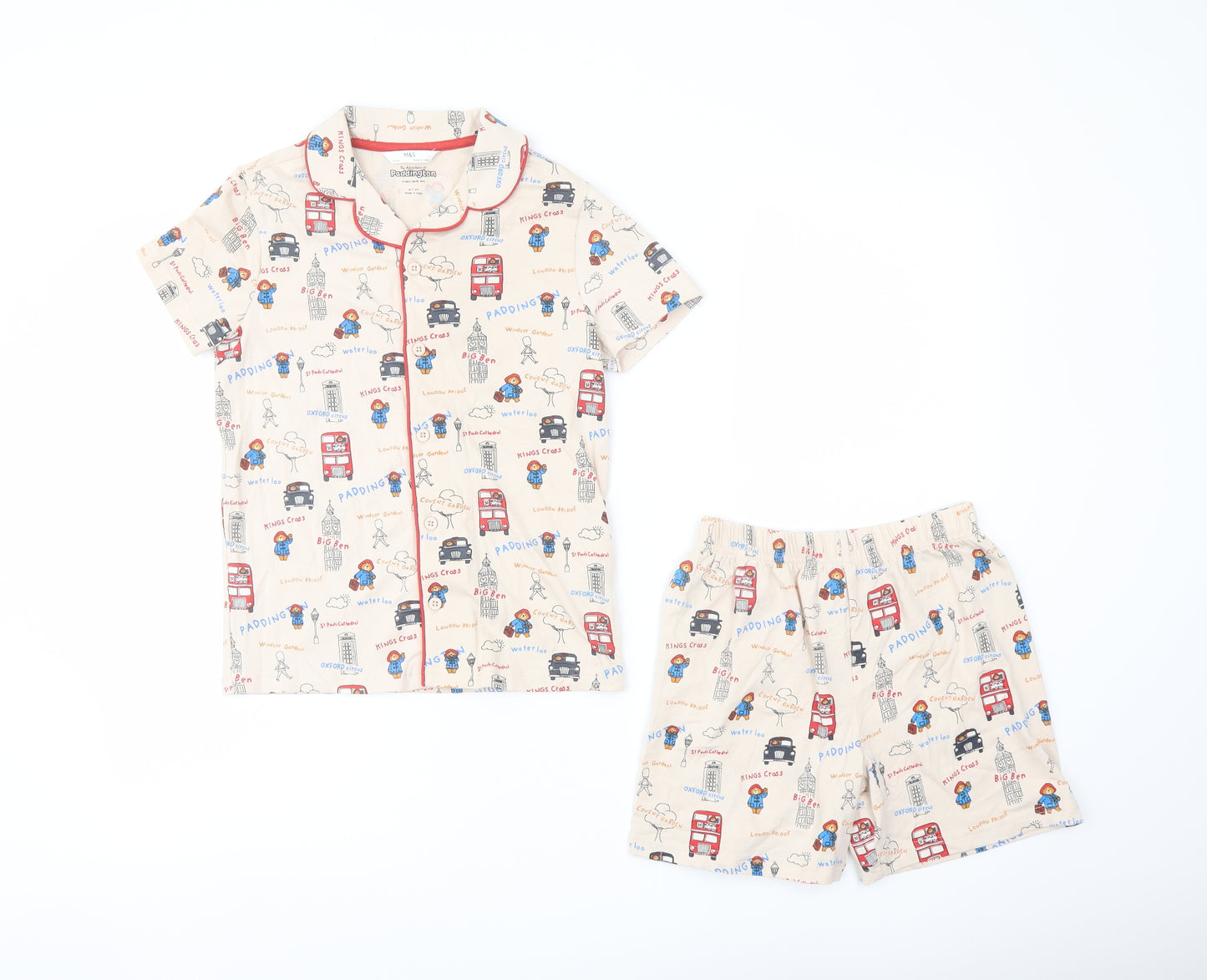 Marks and Spencer Boys Beige Geometric Cotton Pyjama Set Size 6-7 Years Button - Paddington