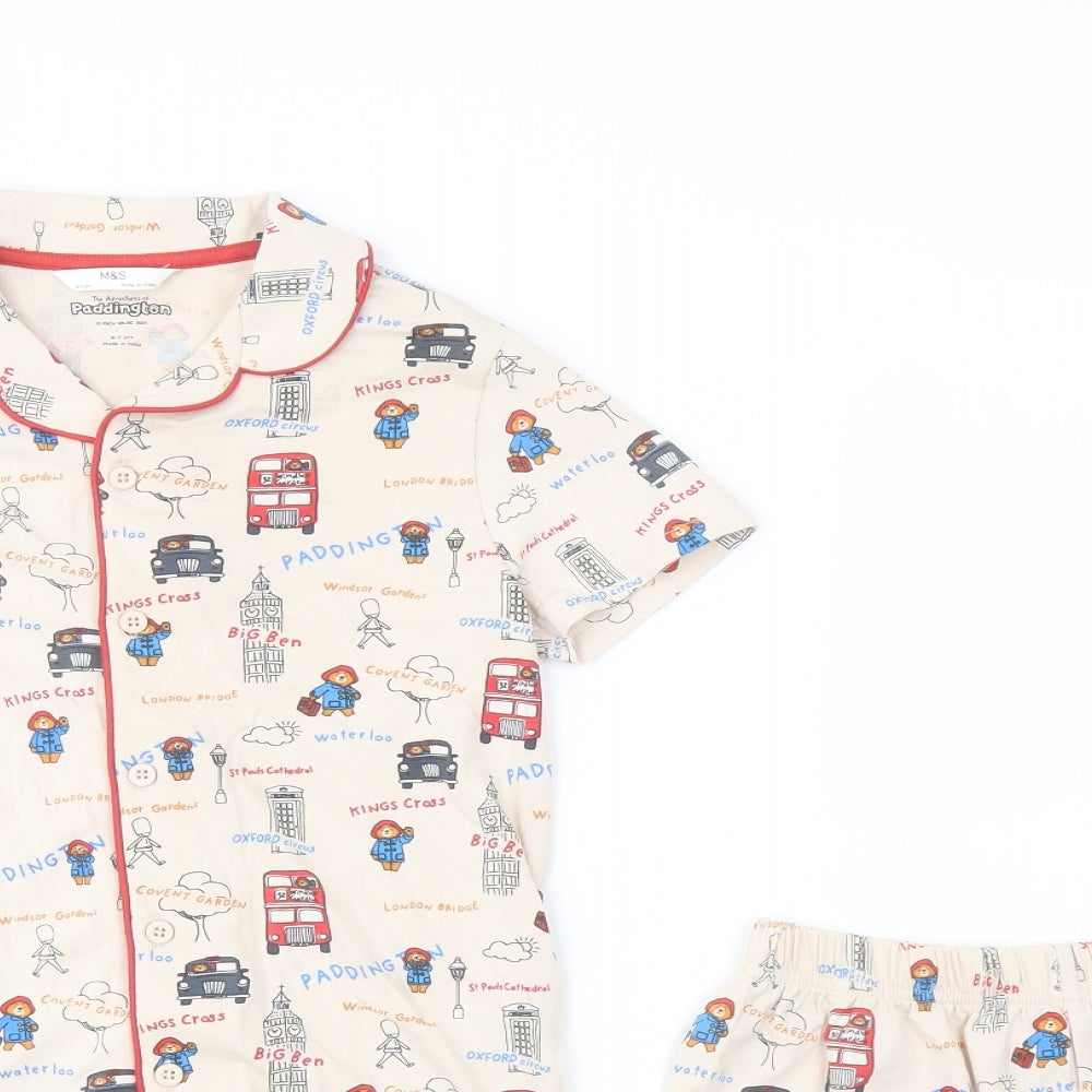 Marks and Spencer Boys Beige Geometric Cotton Pyjama Set Size 6-7 Years Button - Paddington