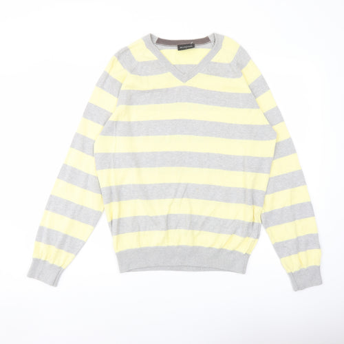 Burton Mens Yellow V-Neck Striped Cotton Pullover Jumper Size M Long Sleeve